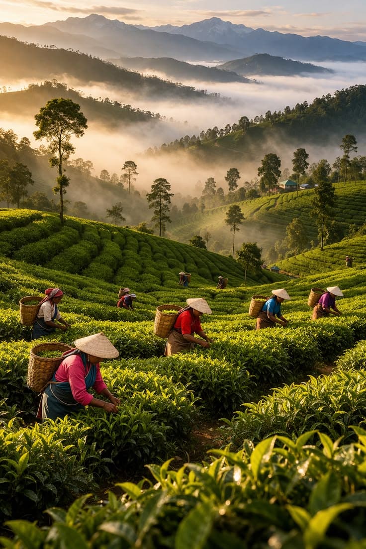 Misty tea plantations in the central highlands of Sri Lanka at sunrise