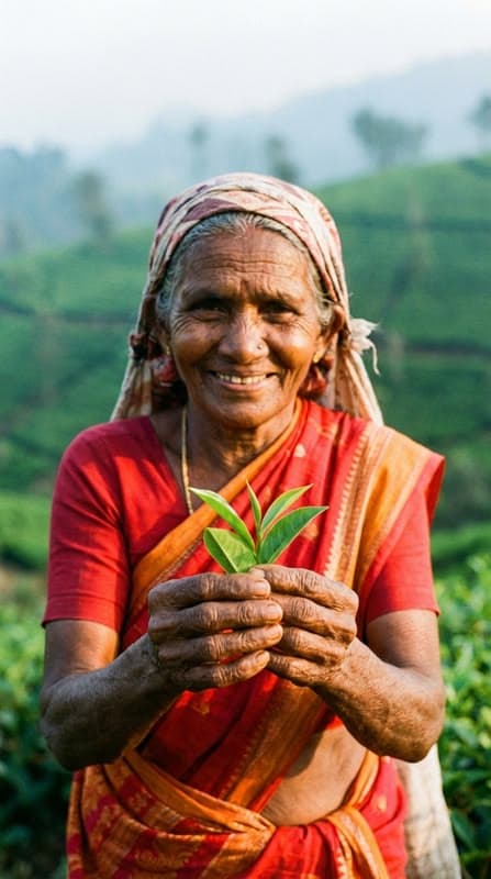 A tea plucker smiling while holding freshly picked tea leaves