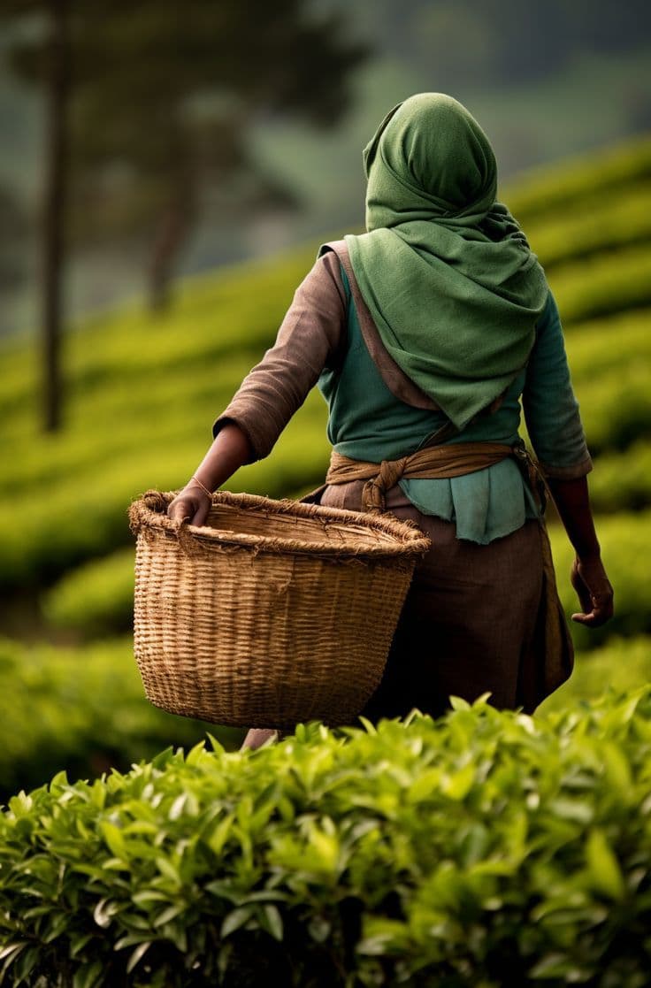A tea plucker carrying a basket through the tea fields